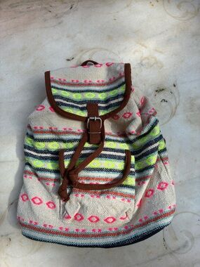 Neutral Canvas Backpack with Neon Pink & Yellow Accents